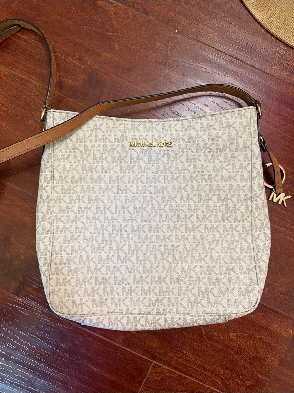 Michael Kors Beige Monogram Shoulder Bag with Tan Strap